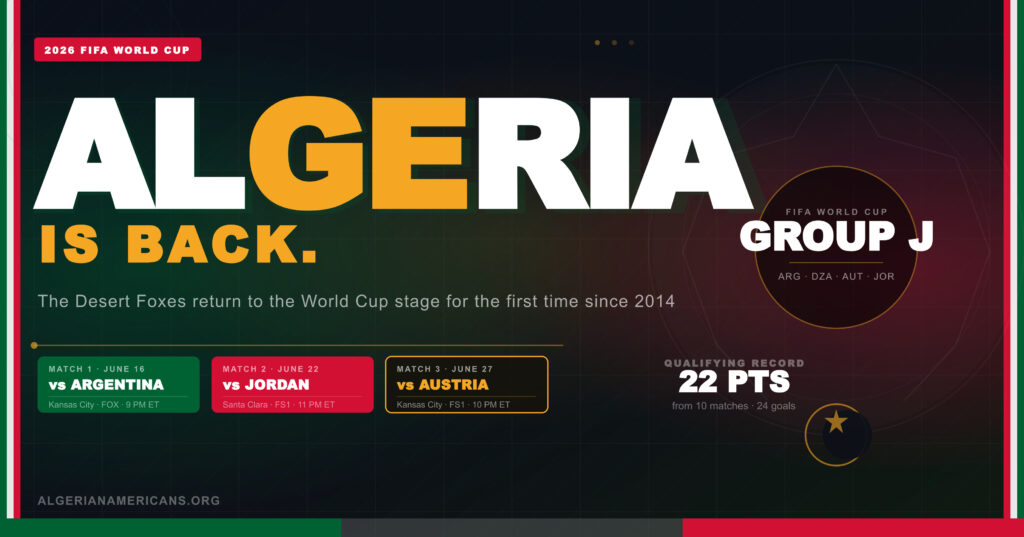 Algeria at the 2026 FIFA World Cup – Group J match schedule showing games vs Argentina, Jordan, and Austria